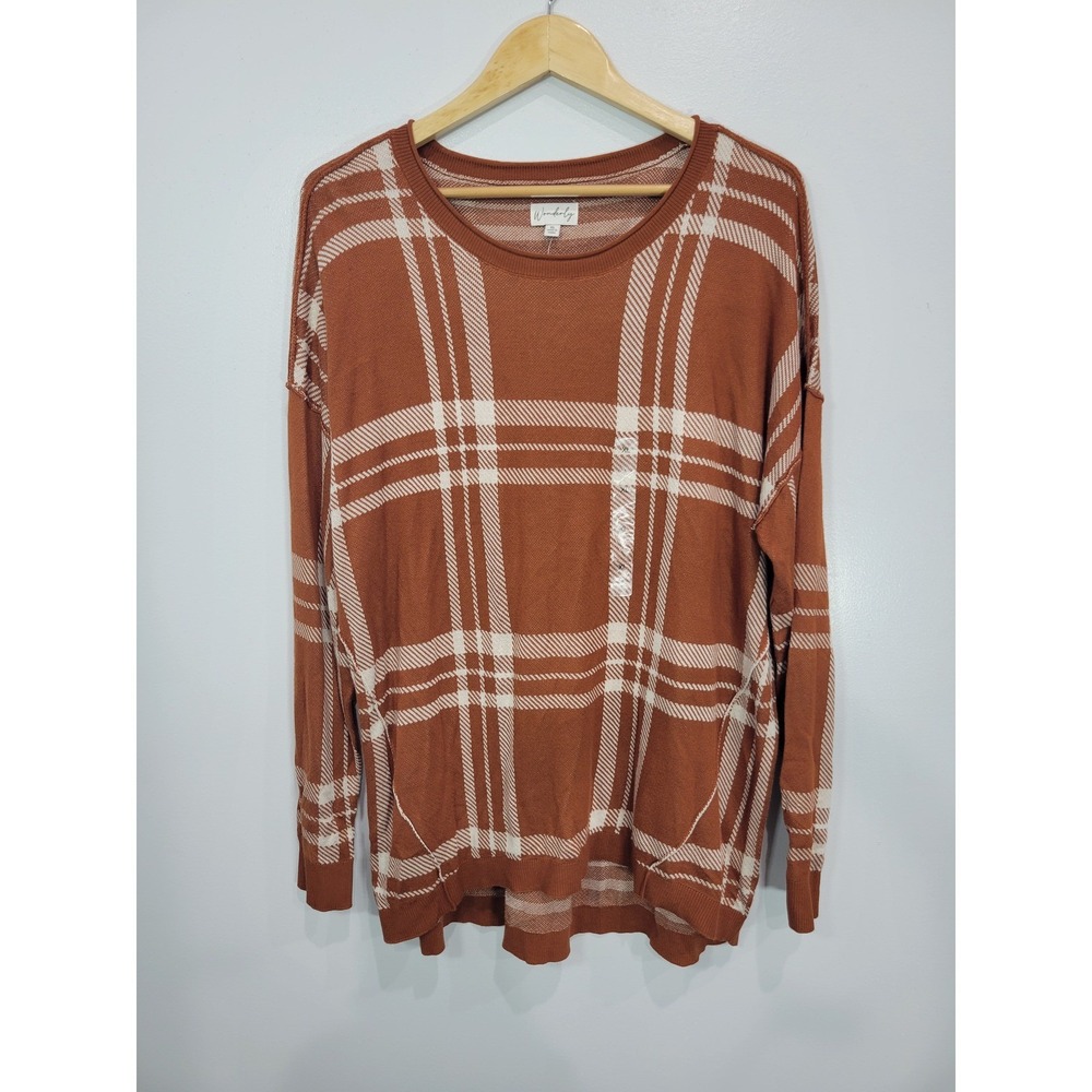 Wonderly Women's Plus Size Brown White Plaid Long‎ Sleeve Knit Sweater XL